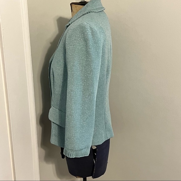 Vintage Miss Dorby Blue Ruffled Woven Floral Design Glass Button Blazer - Picture 7 of 14